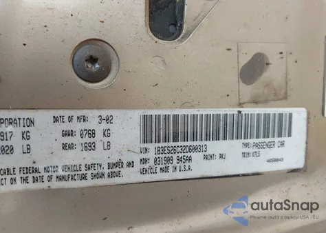 2002 Dodge Neon z USA, uszkodzony, nr VIN 1B3ES26C32D600313